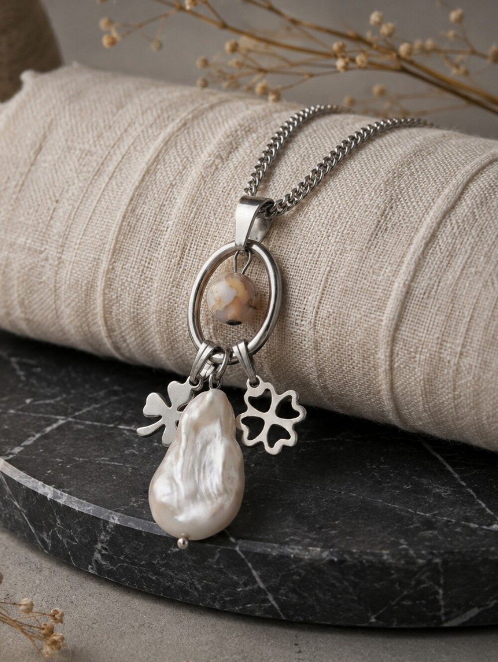 White Gold Baroque Pearl 4 Leaf Clover Pendant Necklace Old Money Coastal Boho